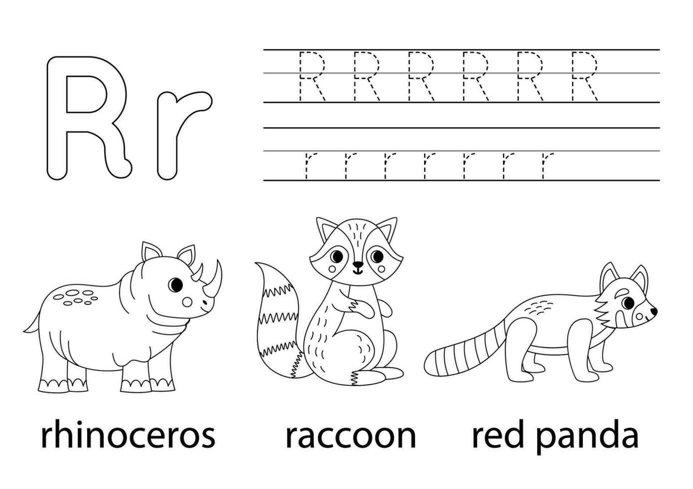 Trace uppercase and lowercase letter R. Animal alphabet for kids. vector