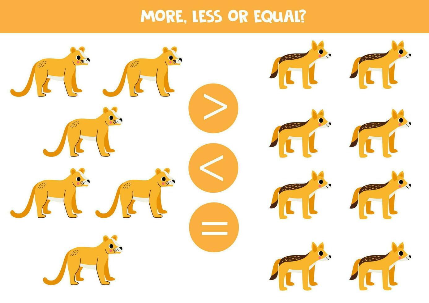 Grater, less or equal with cartoon cougars and coyotes. vector