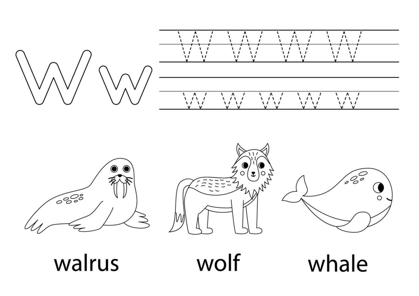 Trace uppercase and lowercase letter W. Animal alphabet for kids. vector