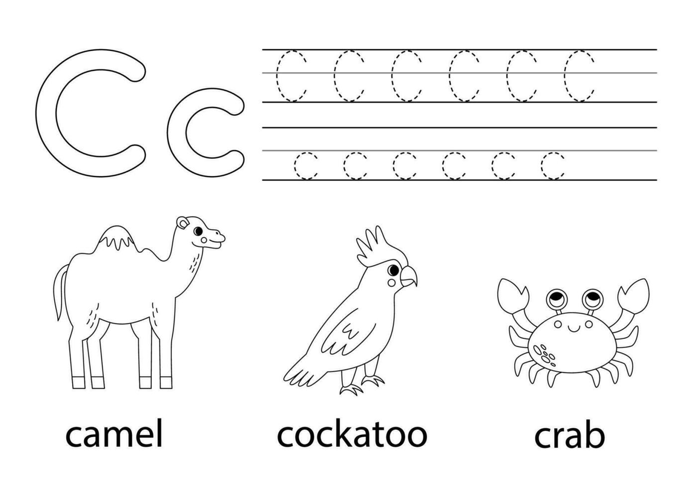 Trace uppercase and lowercase letter C. Animal alphabet for kids. vector