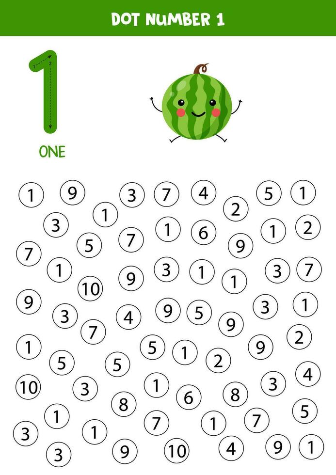 Find and dot number one. Learning number 1 with cute watermelon. Educational worksheet. vector