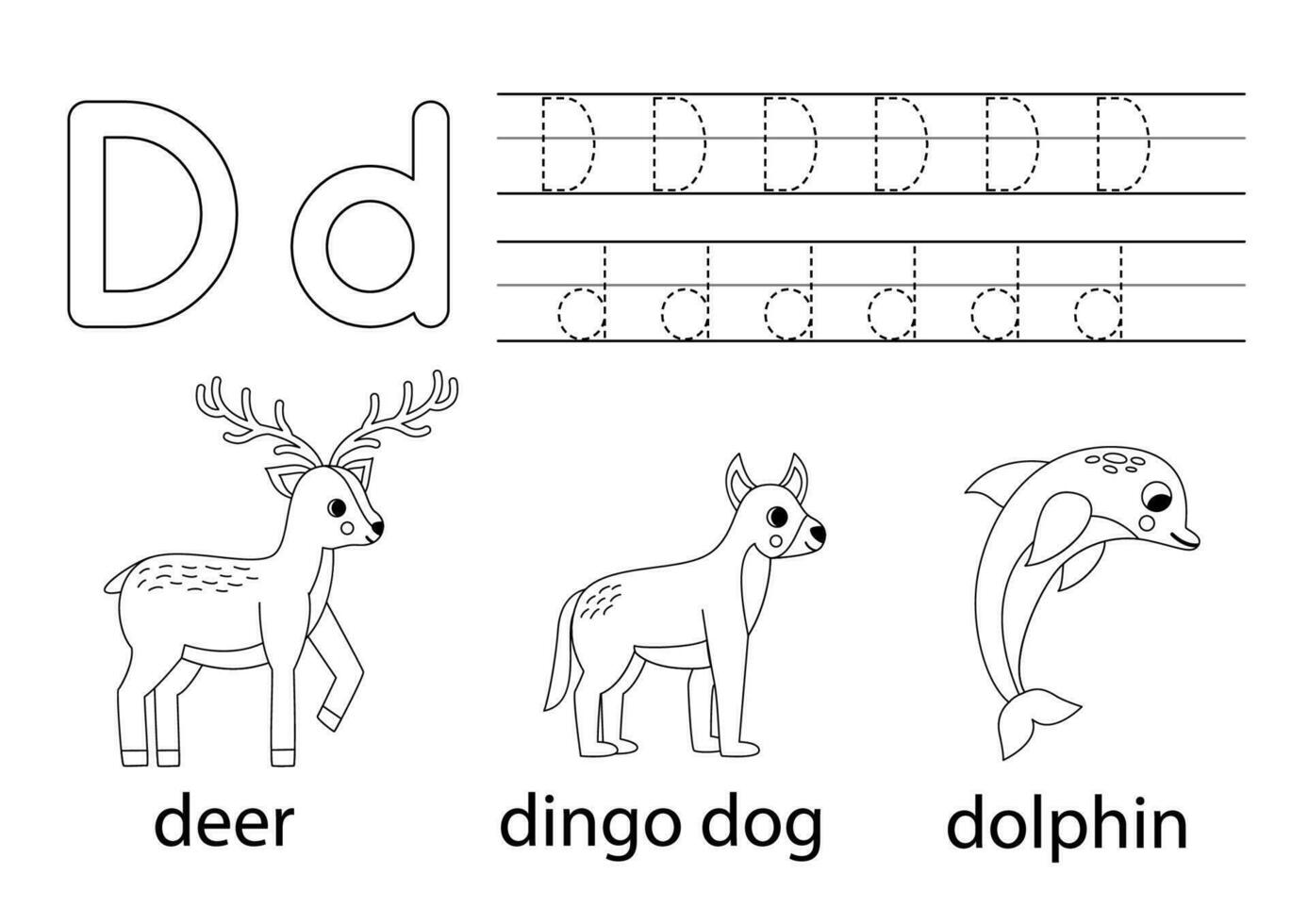 rastro mayúscula y minúsculas letra d. animal alfabeto para niños. vector
