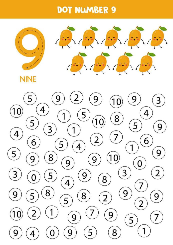 Find and dot number nine. Learning number 9 with cute mangos. Educational worksheet. vector
