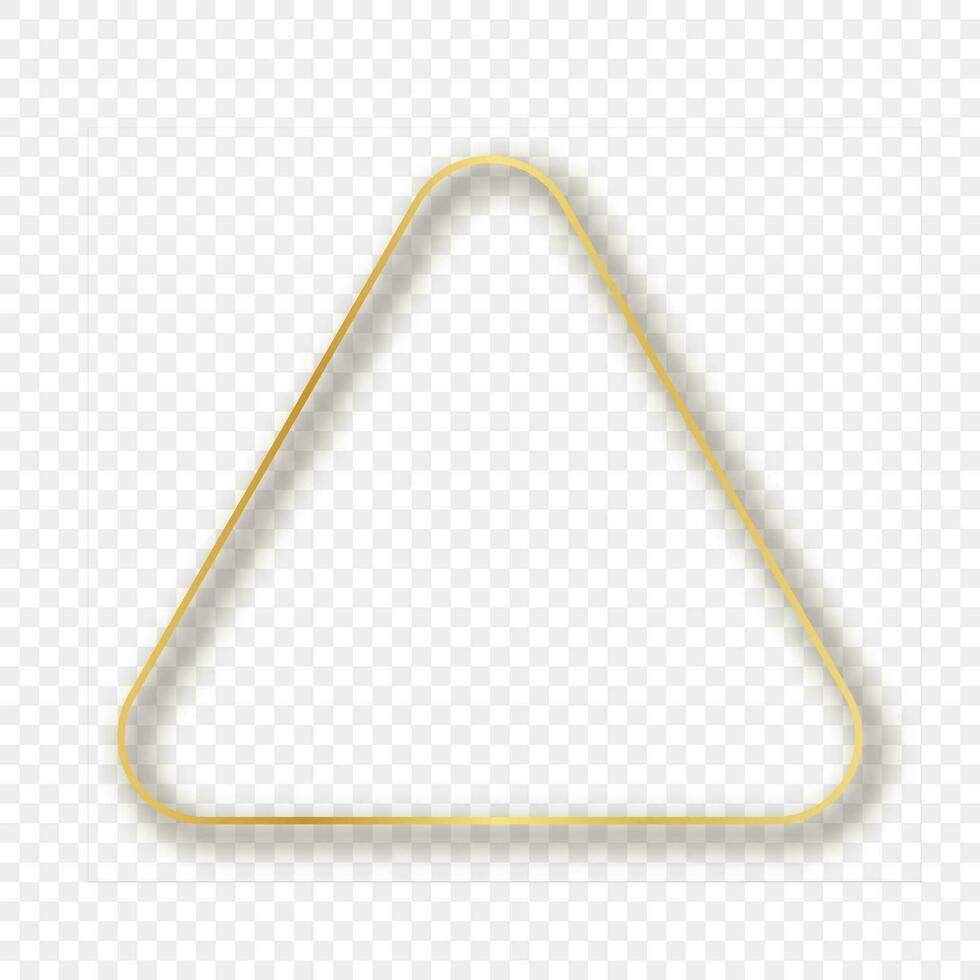 Gold glowing rounded triangle frame with shadow isolated on transparent background. Shiny frame with glowing effects. Vector illustration.