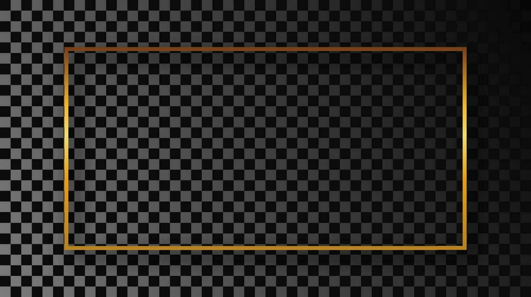 Gold glowing rectangular shape frame with shadow isolated on dark background. Shiny frame with glowing effects. Vector illustration.
