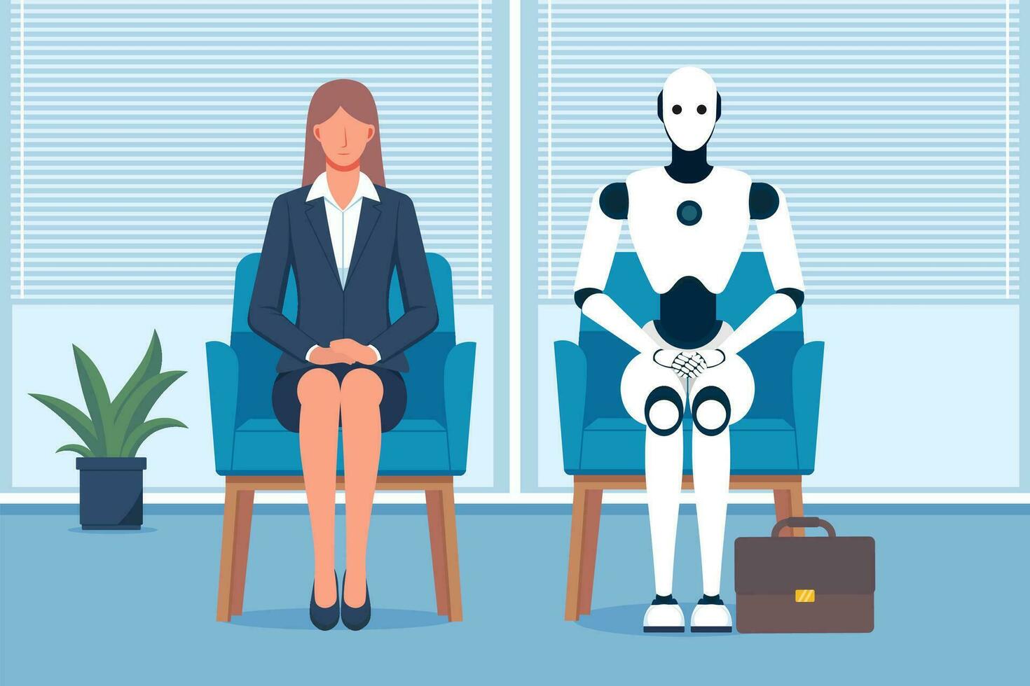 Business woman and AI robot waiting for a job interview in office. future of employee or office workers will be a collaboration between humans and artificial intelligence.flat vector illustration.