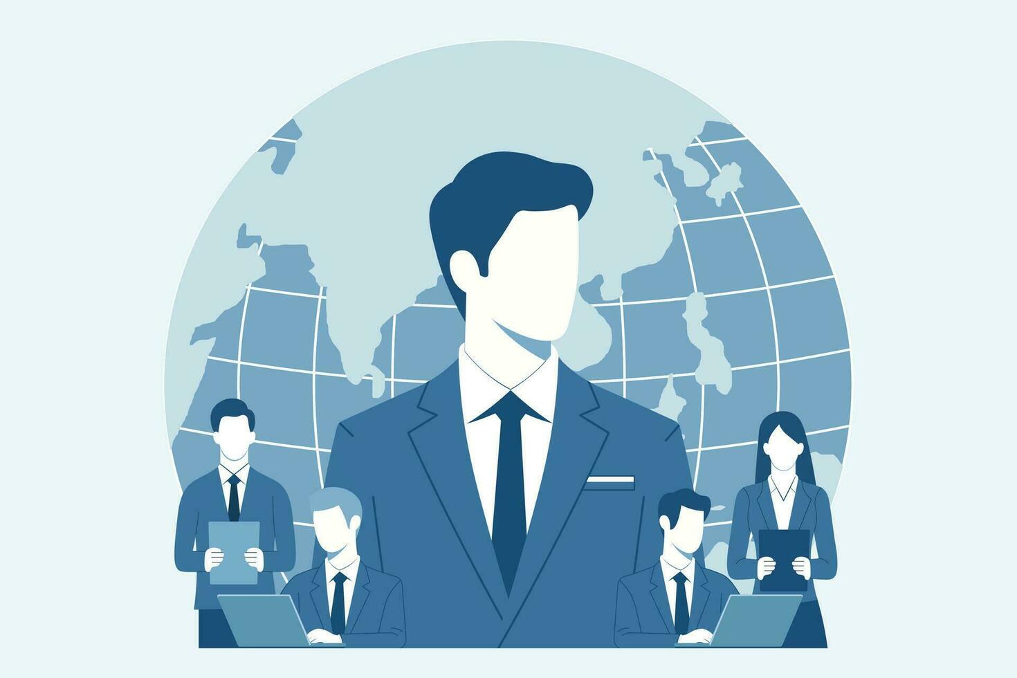 Concept of successful business teamwork, leader businessmen and business women team,Global businesses with teams around the world, vector illustration.