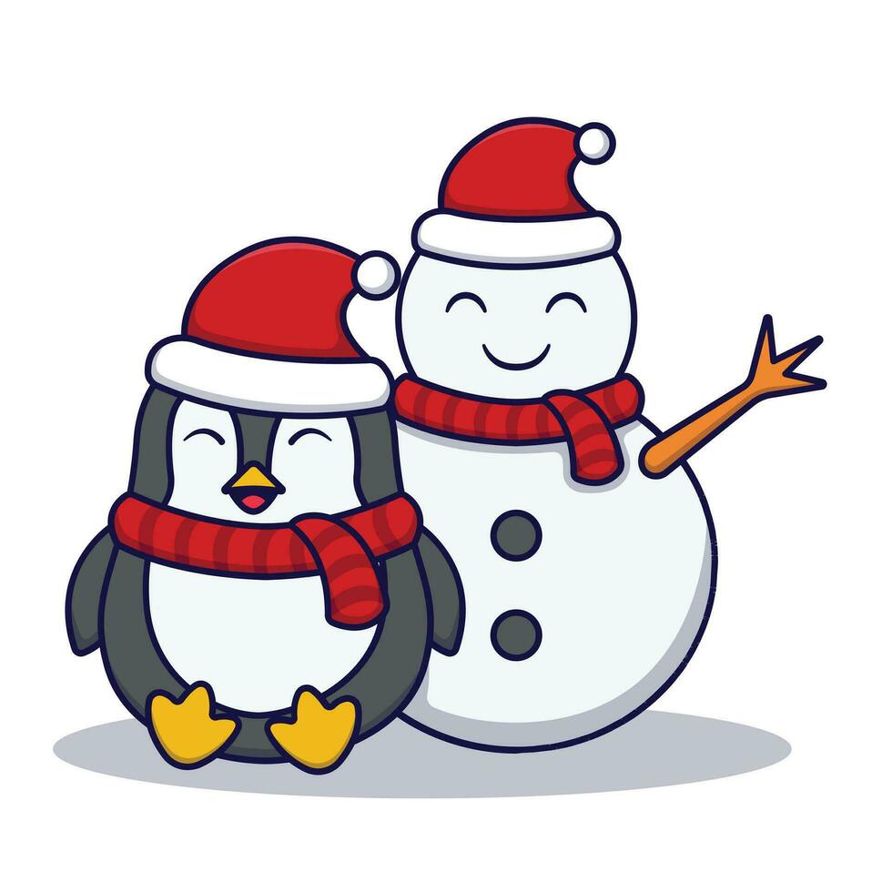 linda pingüino con monigote de nieve vector ilustración aislado en blanco antecedentes