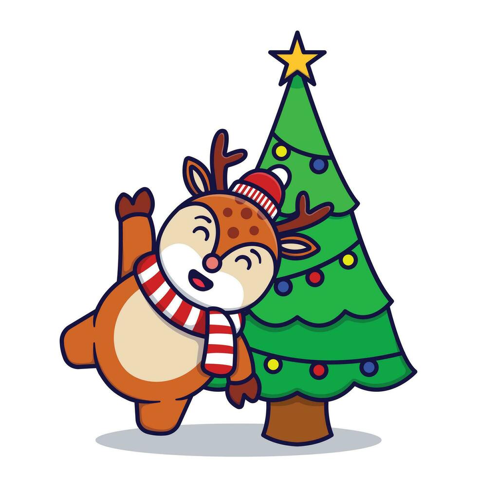 Cute Reindeer With Christmas Tree Vector Cartoon Illustration Isolated On White Background