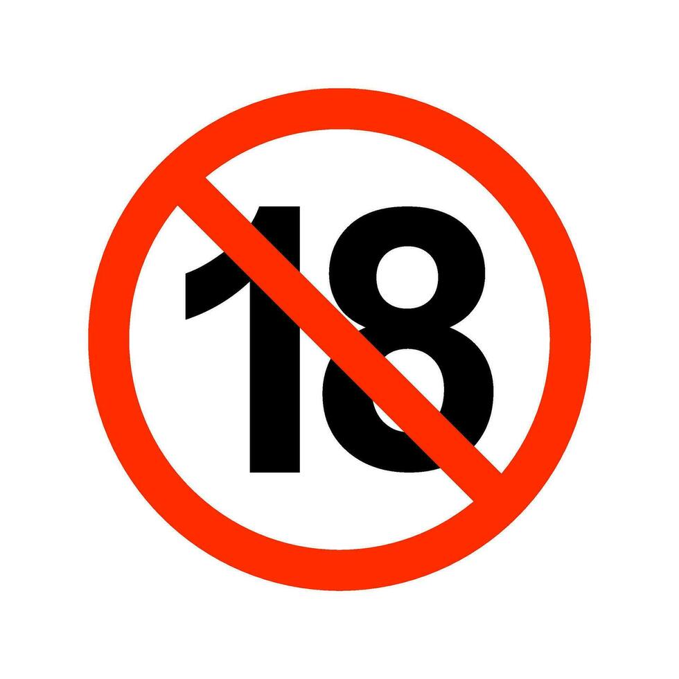 Under 18 years prohibition sign. Adults only. Number eighteen in red crossed circle symbol isolated on white background. vector