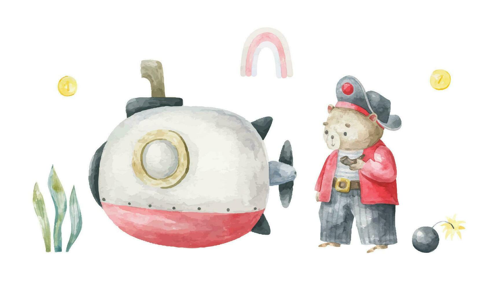 bear pirate and underwater submarine. Cute baby illustration for print and design vector