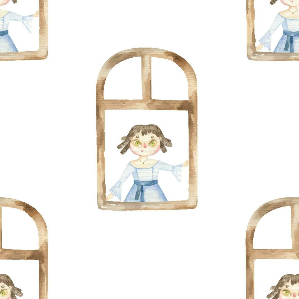 seamless pattern with window and princess. Fairy tale. Cute princess in beautiful dress. Wrapping paper, background, wallart vector