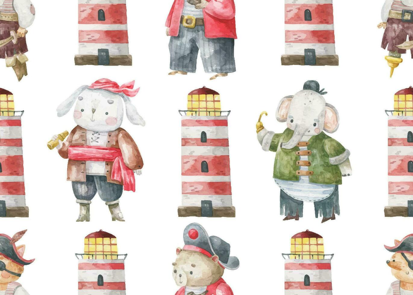 Seamless pattern with wild animals in pirate costumes and sea lighthouses. Pirate Party. Cute background for baby items and baby room design. Festive background vector