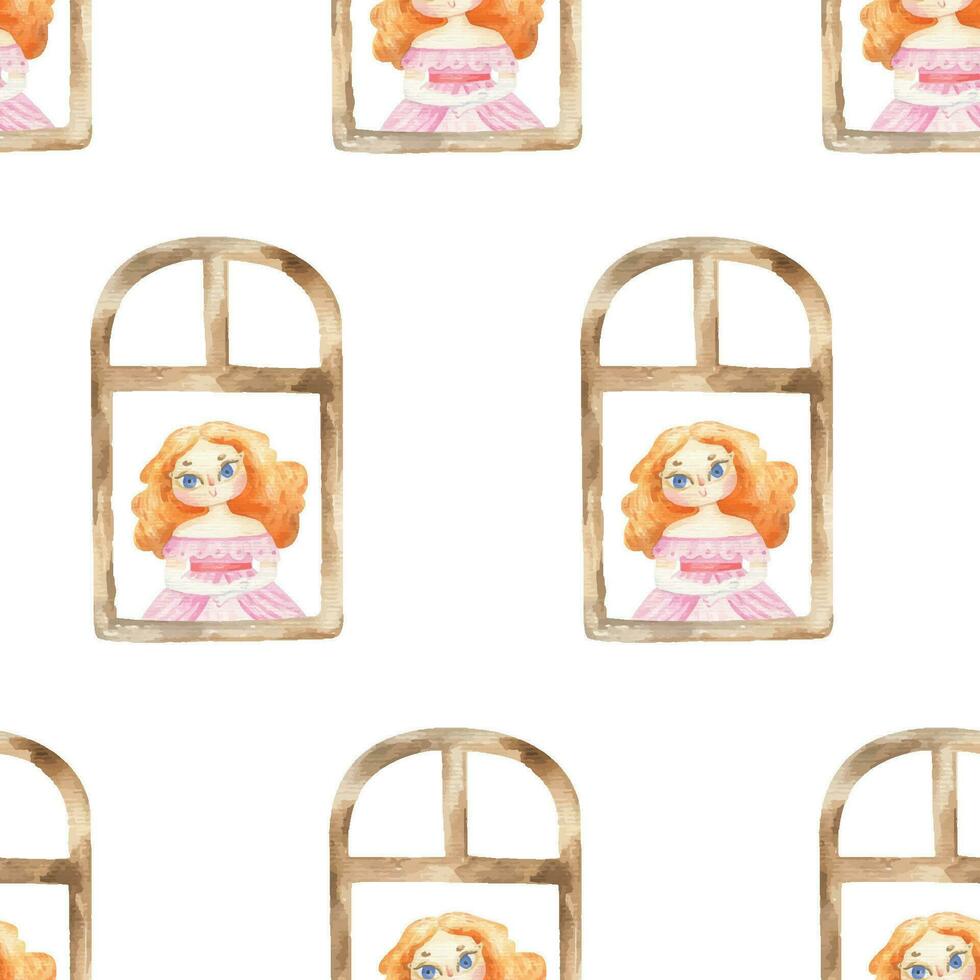 seamless pattern with window and princess. Fairy tale. Cute princess in beautiful dress. Wrapping paper, background, wallart vector