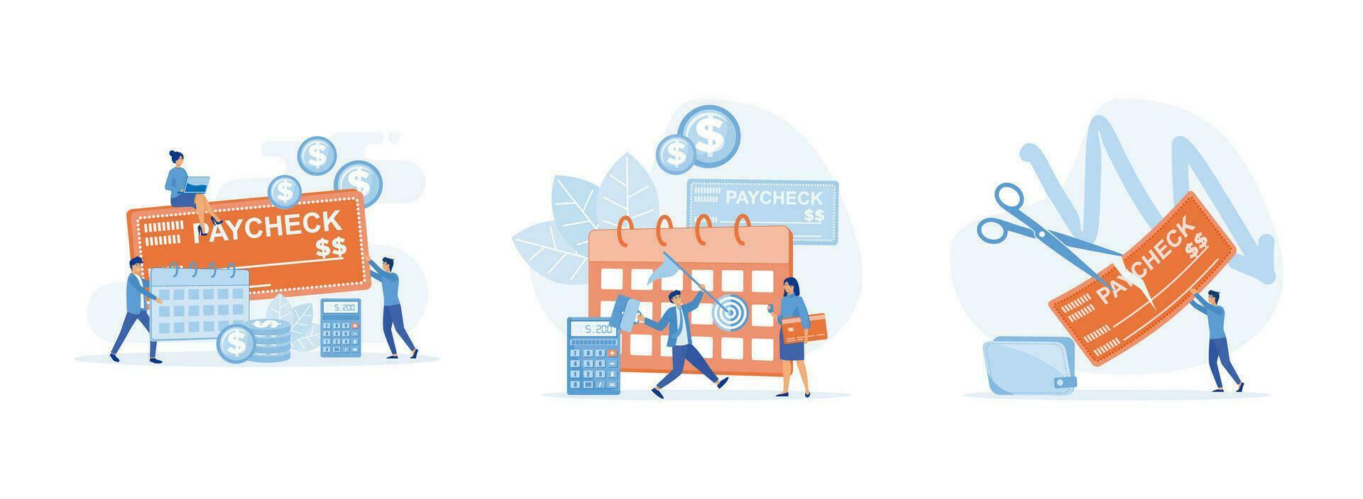 Employees and calendar with payday and a paycheck.calculator and tiny business people getting a paycheck. Boss cutting staff employee pay. Paycheck set flat vector modern illustration