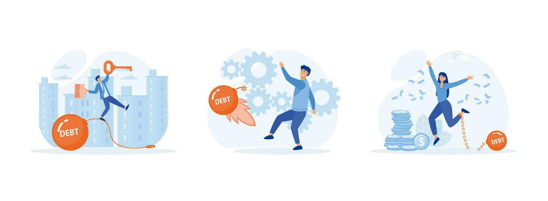 Debt free or freedom for pay off debts,  solution to solve financial problem, with victorious gesture. Debt free set flat vector modern illustration