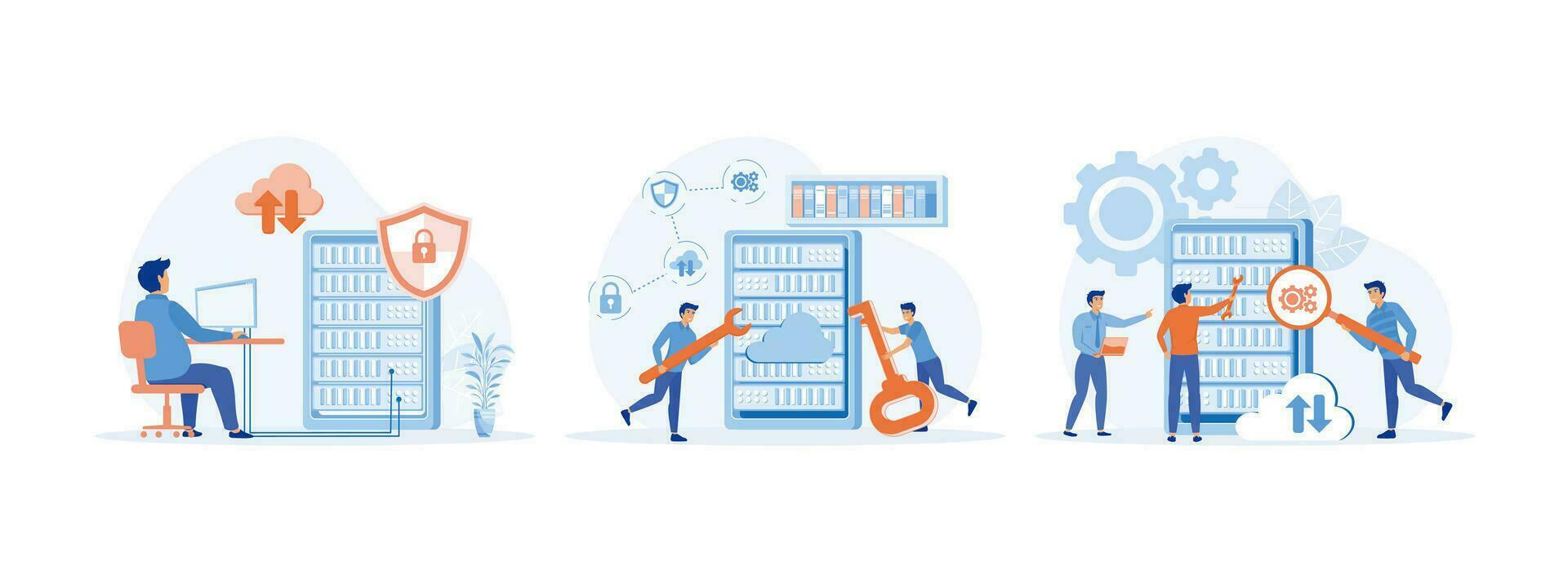 Server maintenance support. Server Security. Team doing maintenance and repairs on a server device. Server maintenance set flat vector modern illustration