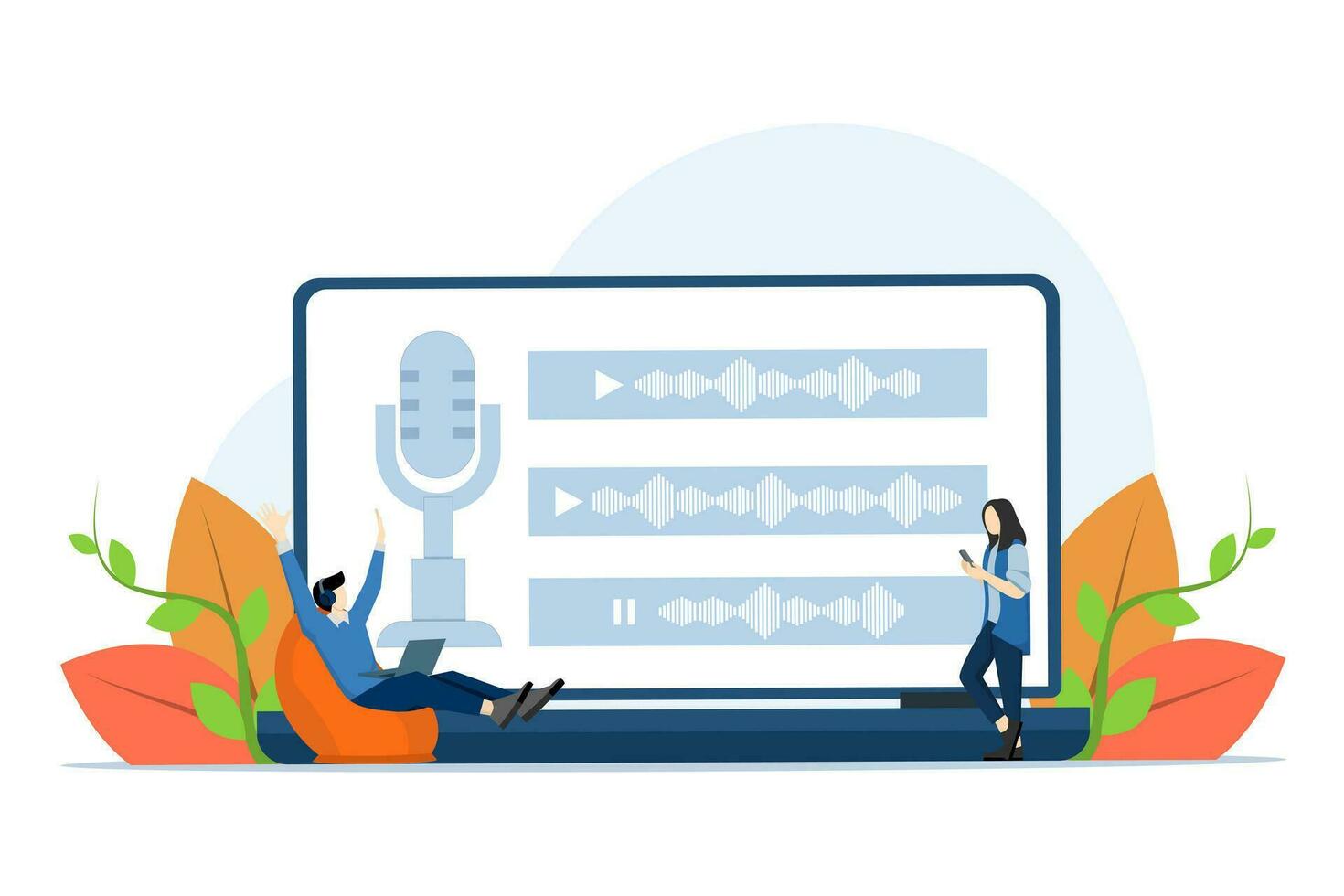 Voice message chat concept. people use microphones to record messages. Chat application. Talking Chat Speech Bubble. Modern flat cartoon style. Vector illustration on white background.