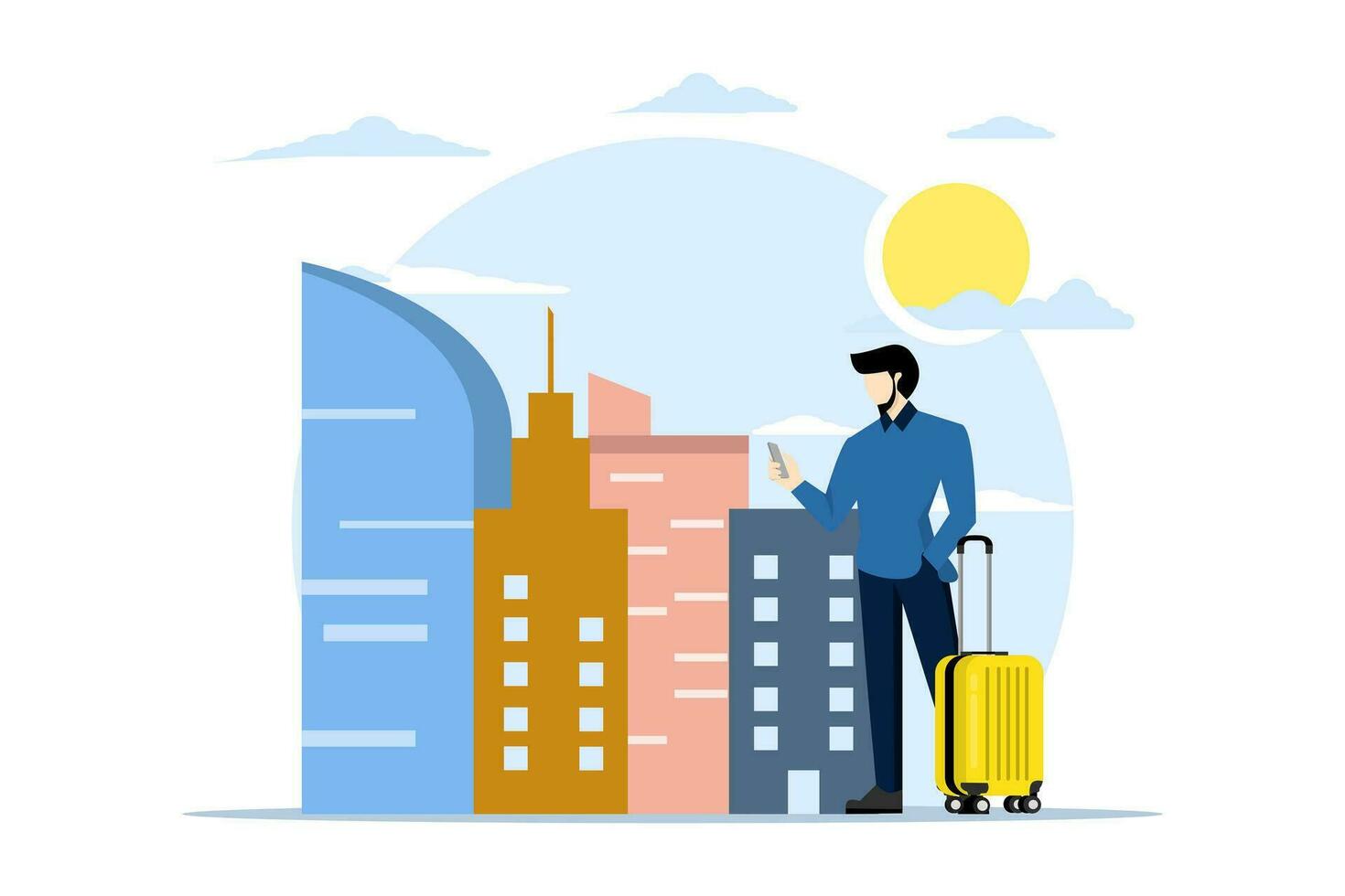 Travel, vacation and accommodation concept. tourists choose hotels and book rooms online flat vector illustration. Search or select hotels, inns and apartments via the internet. vector illustration.