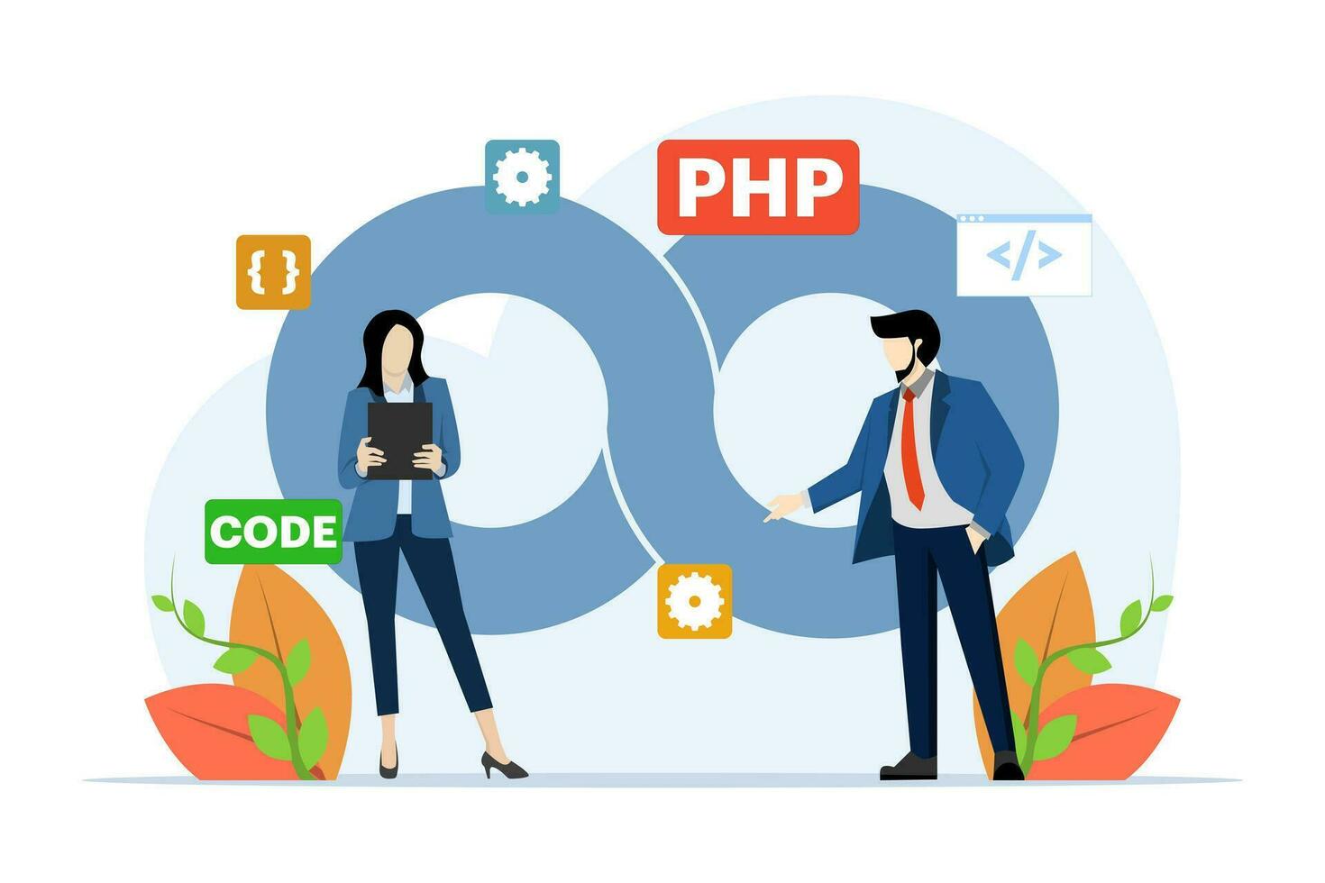 software desarrollo y operaciones programador práctica concepto, devops metodología, técnico apoyo, automatización proceso, software desarrollo y operaciones modelo vector plano ilustración.