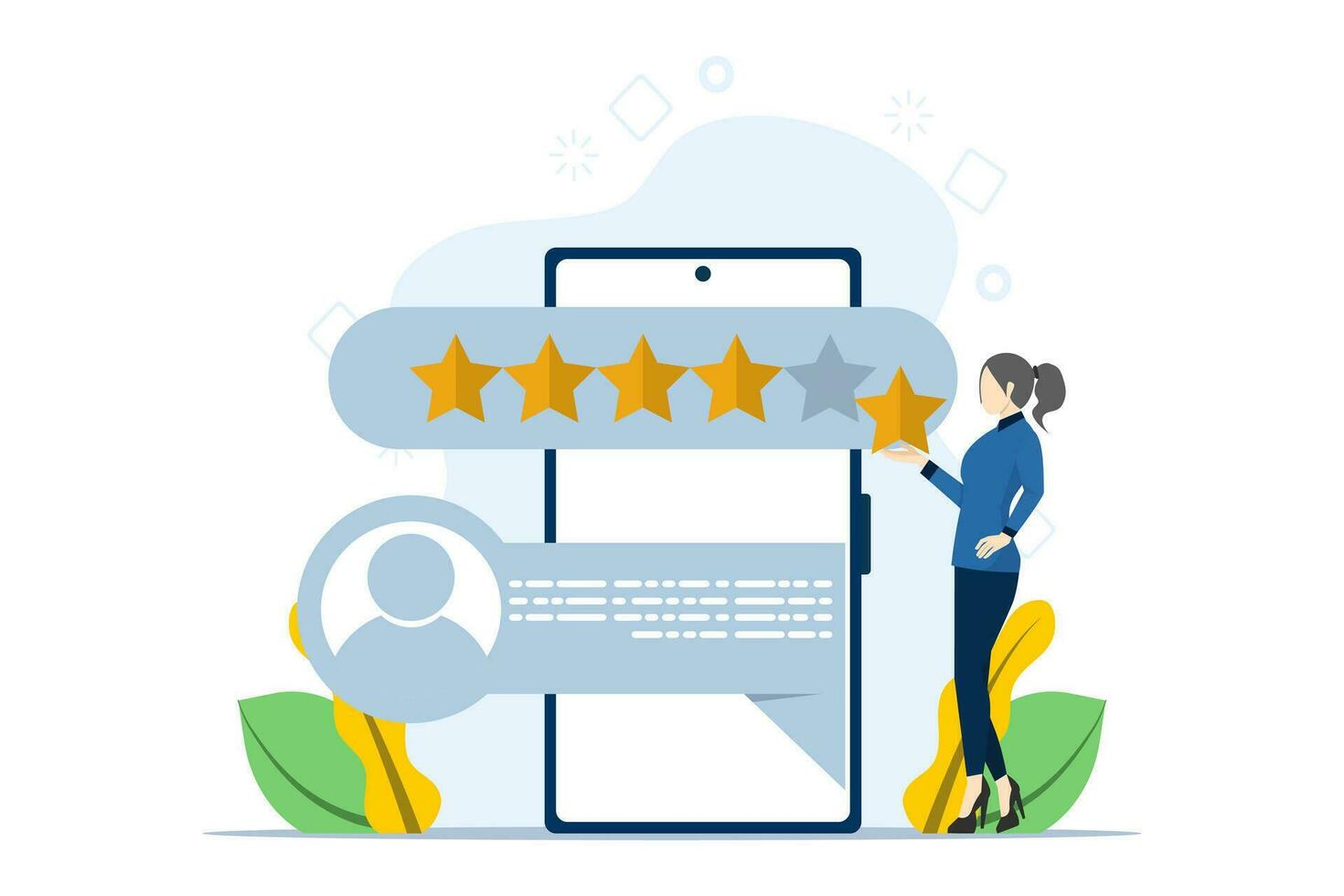 customer review rating and feedback concept. characters provide five-star feedback and voice satisfaction ratings on the smartphone app. Flat vector illustration isolated on white background.