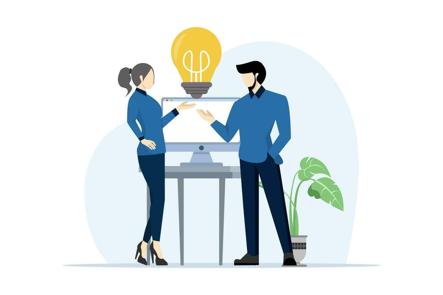 Concept of sharing business ideas, collaboration meeting, knowledge sharing, teamwork or people thinking about the same idea, smart thinking business people, office workers. flat vector illustration.