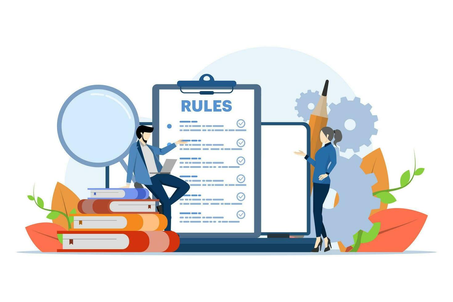 Company policy concept, People discussing company rules and regulations, Agreement, Company law and business ethics, Compliance, for web design, infographics, landing pages, social media, apps. vector