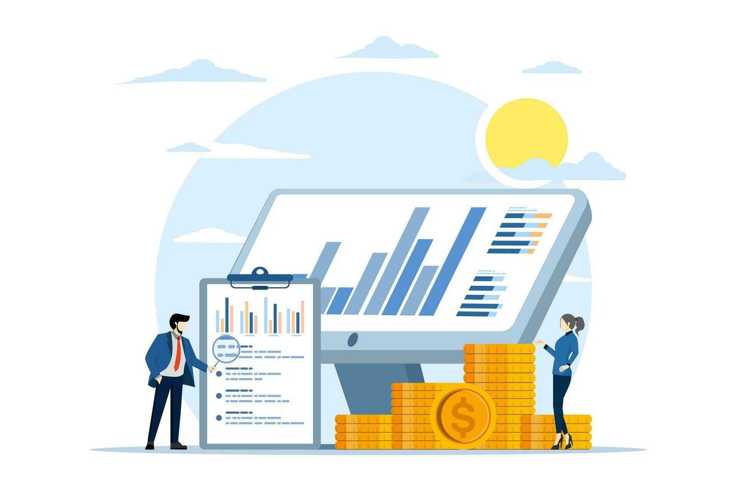 negocio y financiero analista, negocio auditoría, crecimiento y resultados, finanzas. empresario con computadora mirando a gráficos a analizar crecimiento, Estadísticas. monitor financiero y inversión informes. vector