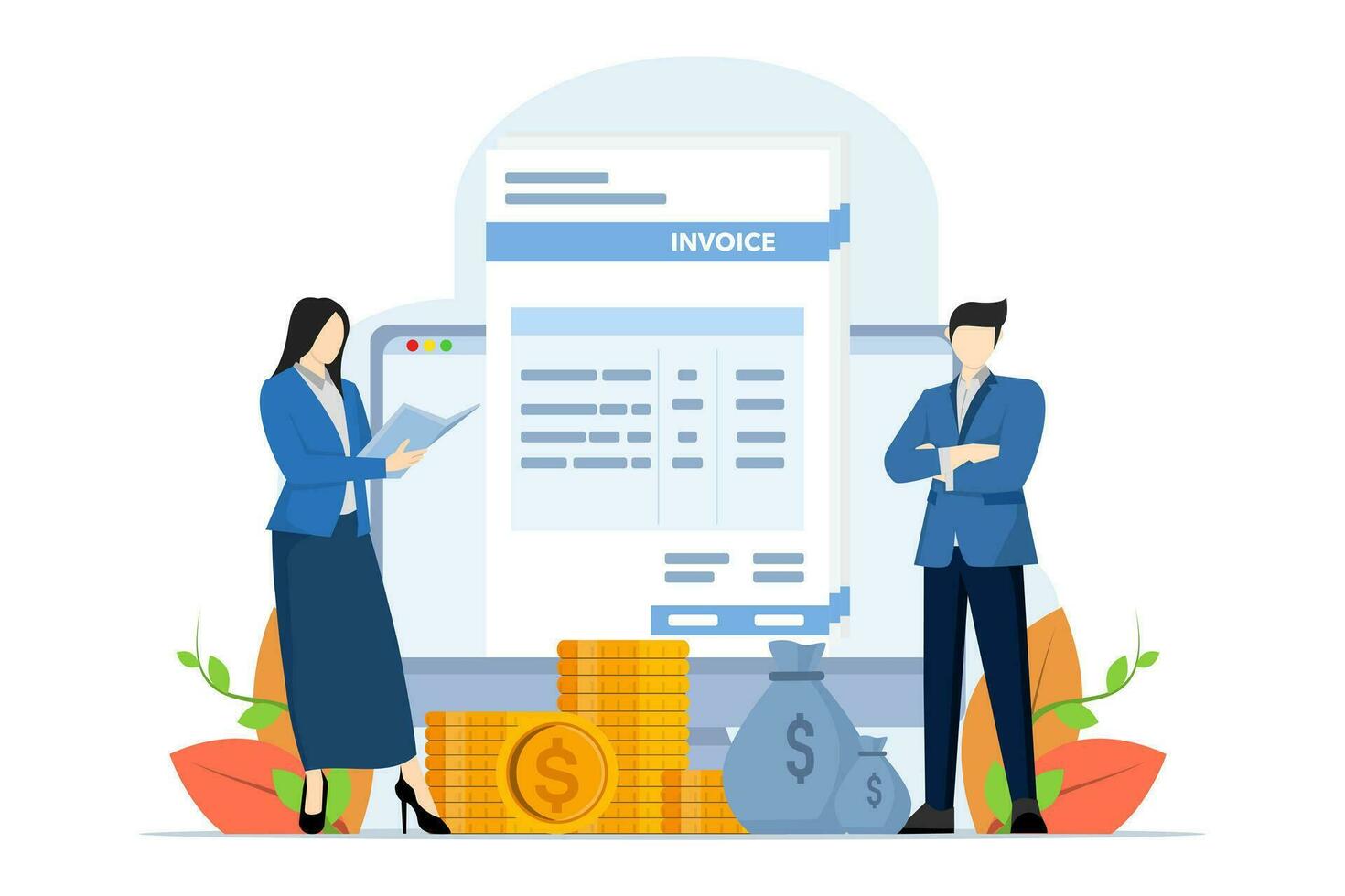 Online payment and accounting concept. Tiny people prepare payment invoices. Accountants make reports on VAT, salaries and money paid. flat vector illustration on white background.