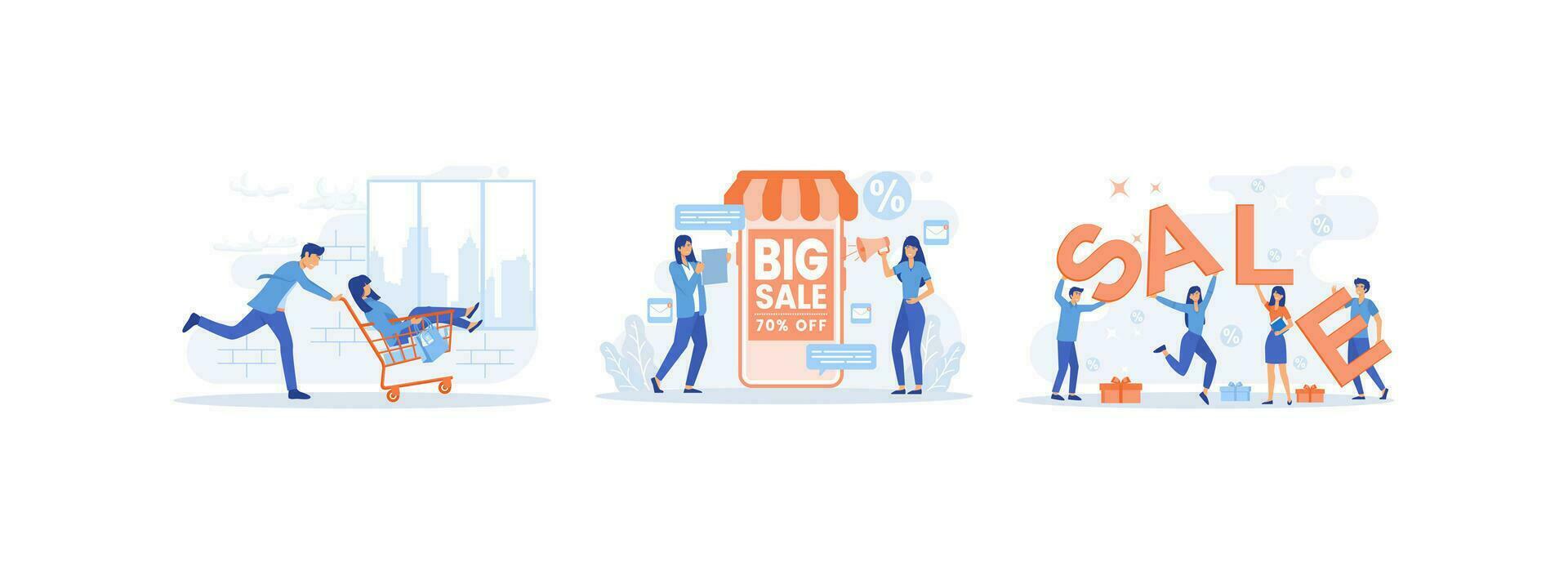 grande rebaja compras, descuentos para compradores marketing electrónico, clientes y compras bolsas. grande rebaja conjunto plano vector moderno ilustración