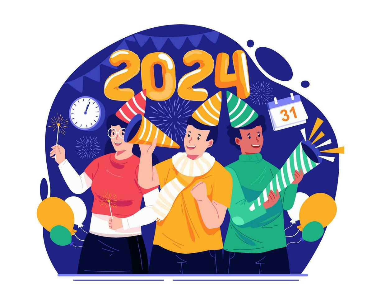 Happy New Year Concept Illustration With People Celebrating New Year Eve With Fireworks, Confetti, and a Trumpet vector