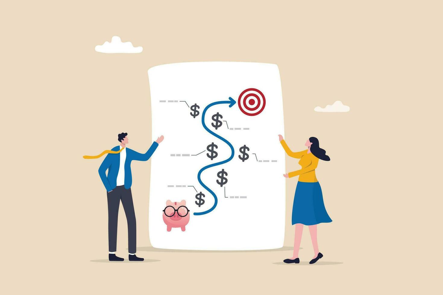 Financial planning, investment growth strategy or money management for retirement goal, budget or expense analysis to reach financial goal, people planning with piggy bank strategy to reach target. vector