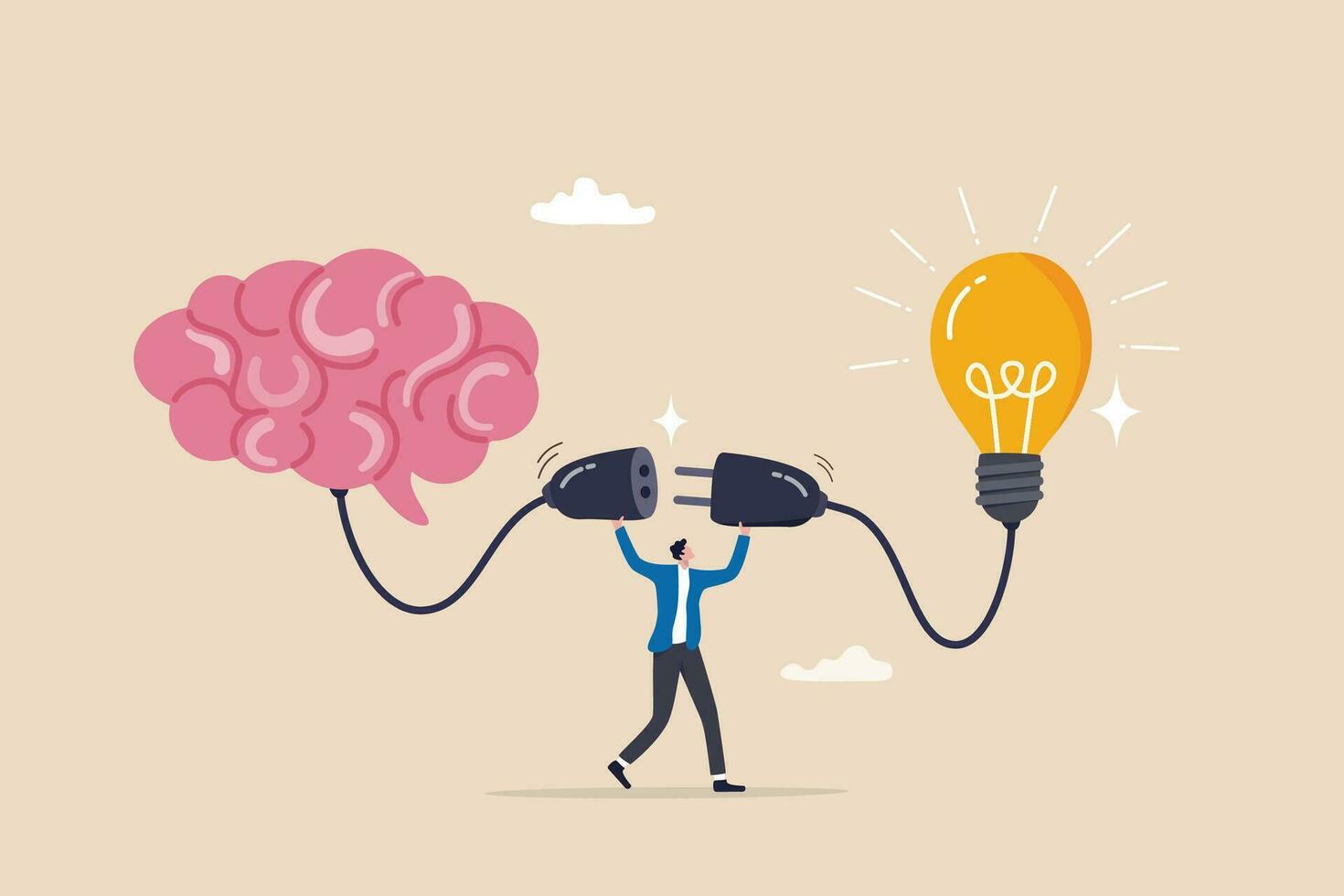 Creativity idea brainstorming, wisdom or imagination to success, connecting new idea or innovation, intelligence or solution concept, businessman connect plug with lightbulb idea to human brain. vector