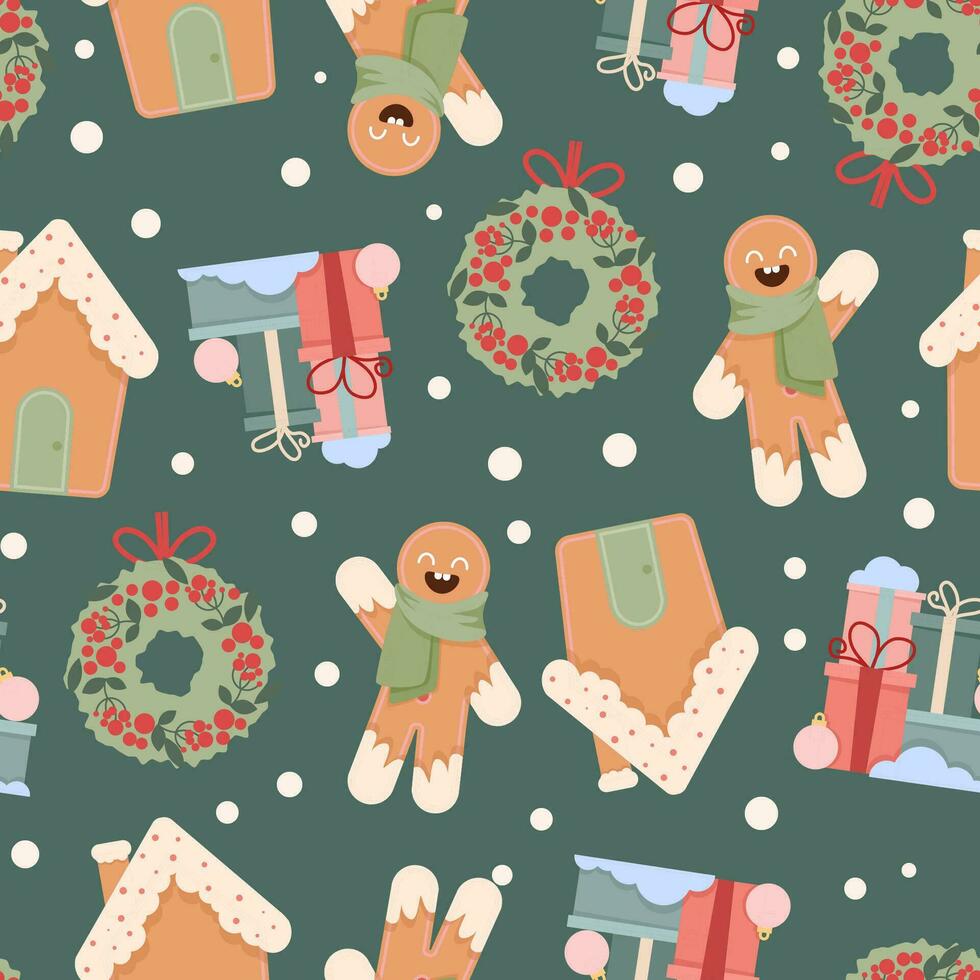 Christmas seamless pattern of gingerbread men and gifts with snow on green background vector