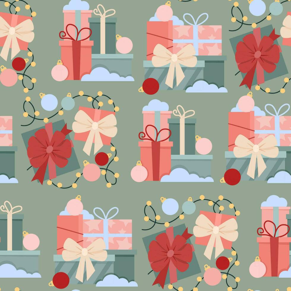 Christmas seamless pattern of gift boxes and garlands on a green background vector