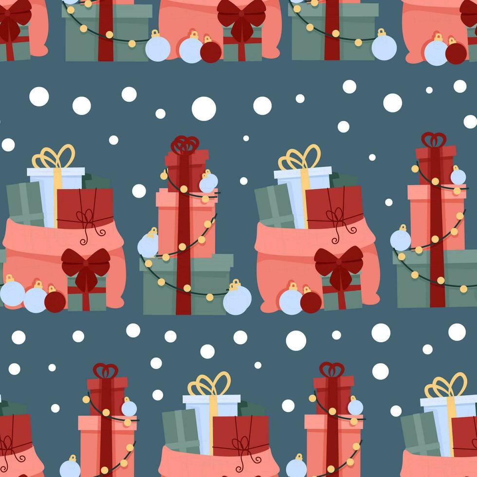 Christmas seamless pattern of gift boxes and snow vector