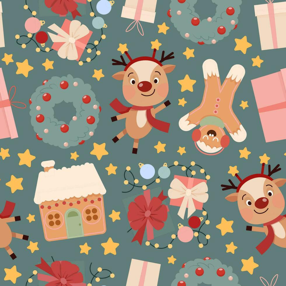 Seamless Christmas pattern of gingerbread man, gingerbread house and garland on green background vector