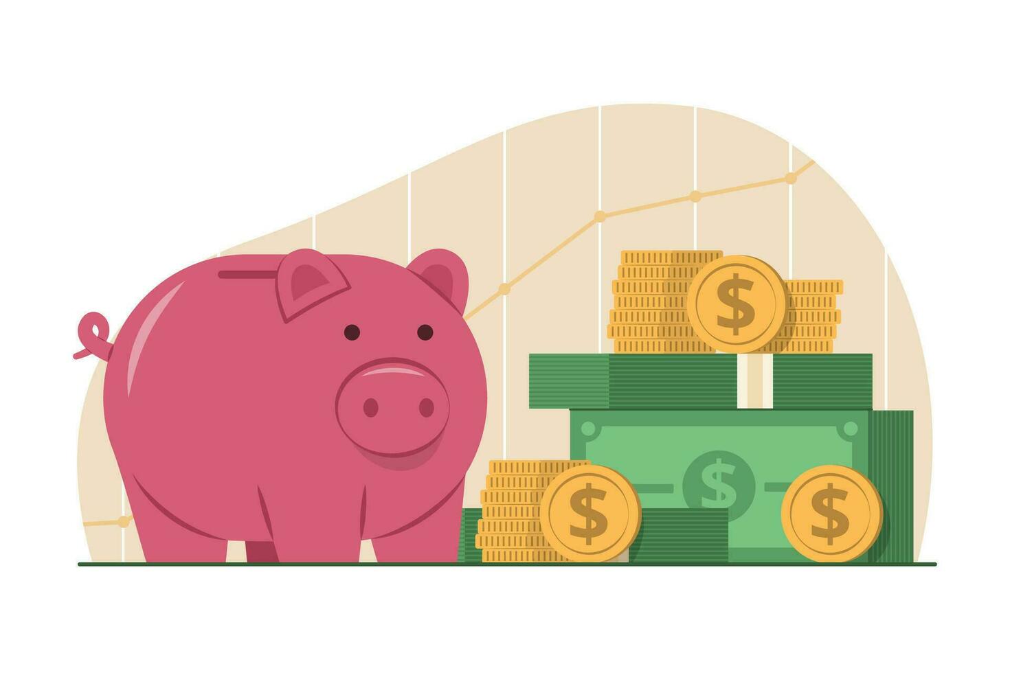 Piggy Bank with Pile of Cash Money and Dollar Coins for Saving Money Concept Illustration vector