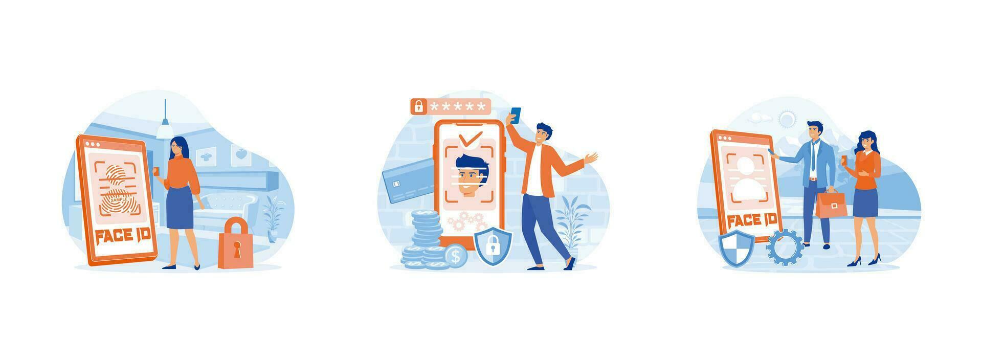Face recognition.Data safety. Mobile phone users getting access to data after biometric checking. Face recognition set flat vector modern illustration