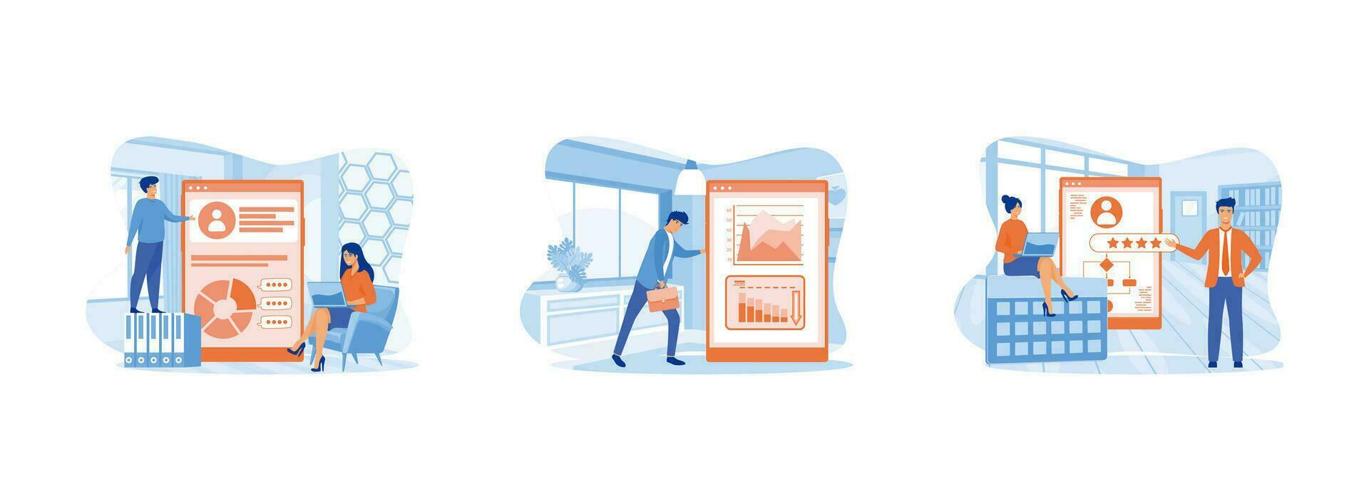 Business research for new product development. Income decrease. Market research and business strategy development. Online service 2 set flat vector modern illustration