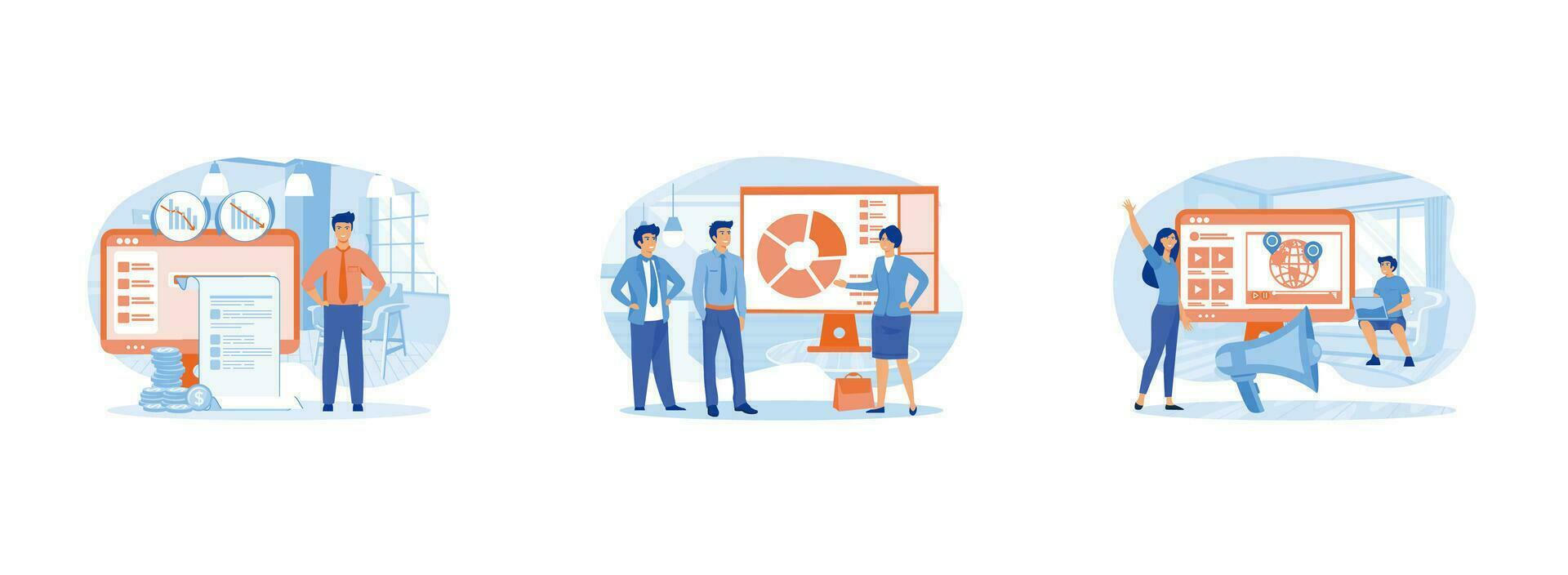 Cost optimization online service. Employees care idea. Maintenance of the brand reputation. Online service 2 flat vector modern illustration