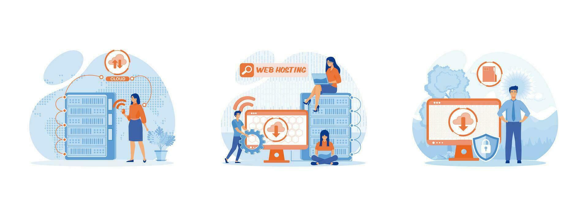 Web hosting. Cloud computing. Online database. Web hosting set flat vector modern illustration