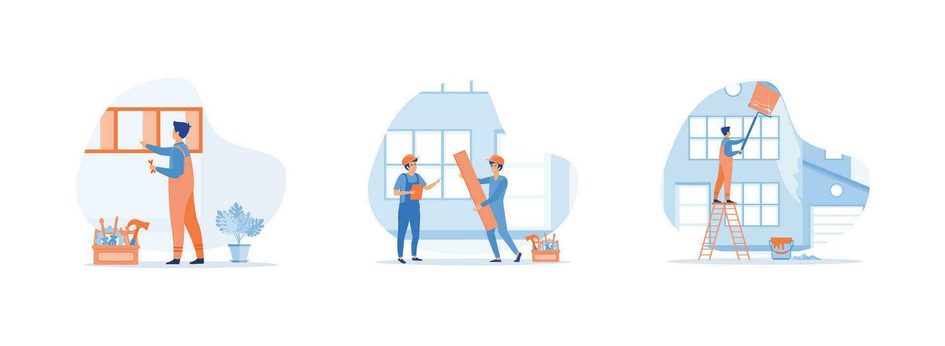 Home renovation flat set with contractor workers doing indoor maintenance vector illustration. Home renovation set flat vector modern illustration