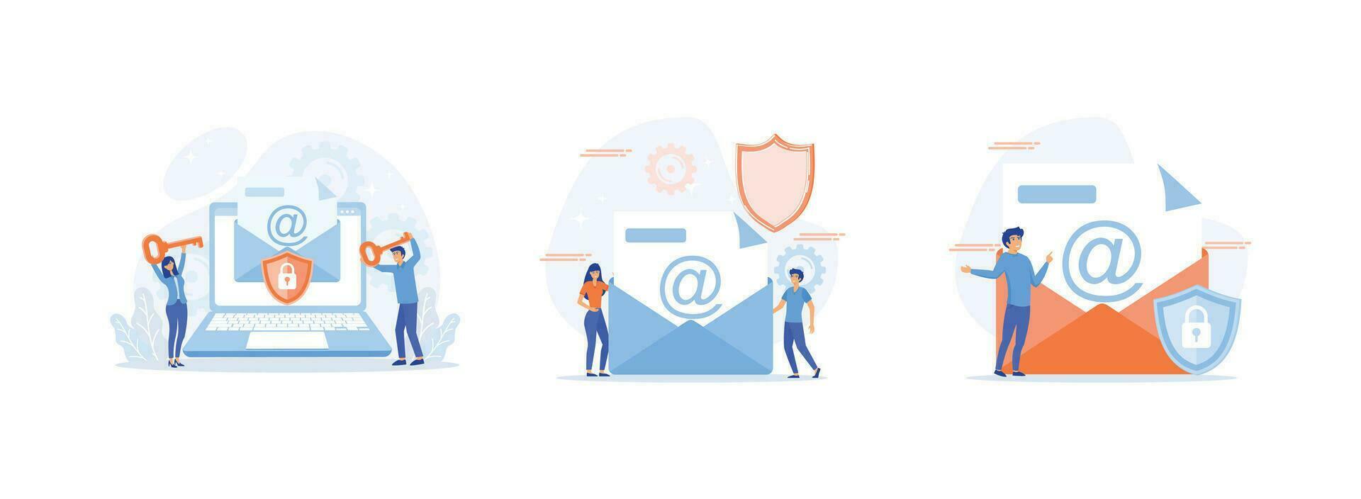 Protecting computer data, letter with shield, Internet data protection, business assets security. Email encryption set flat vector modern illustration