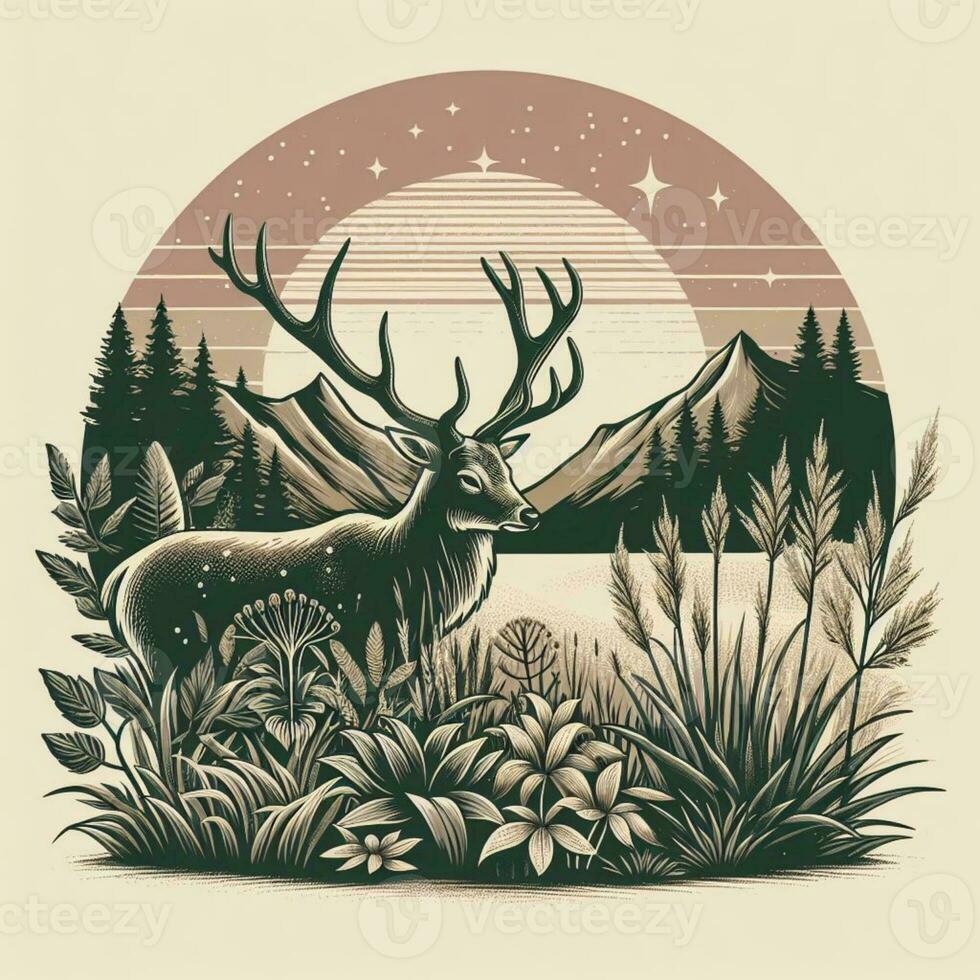 AI generated illustration of deer in nature. vintage emblem style. photo