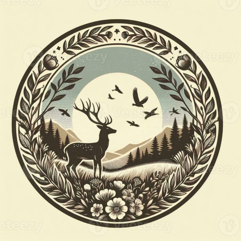 AI generated illustration of deer in nature. vintage emblem style. photo
