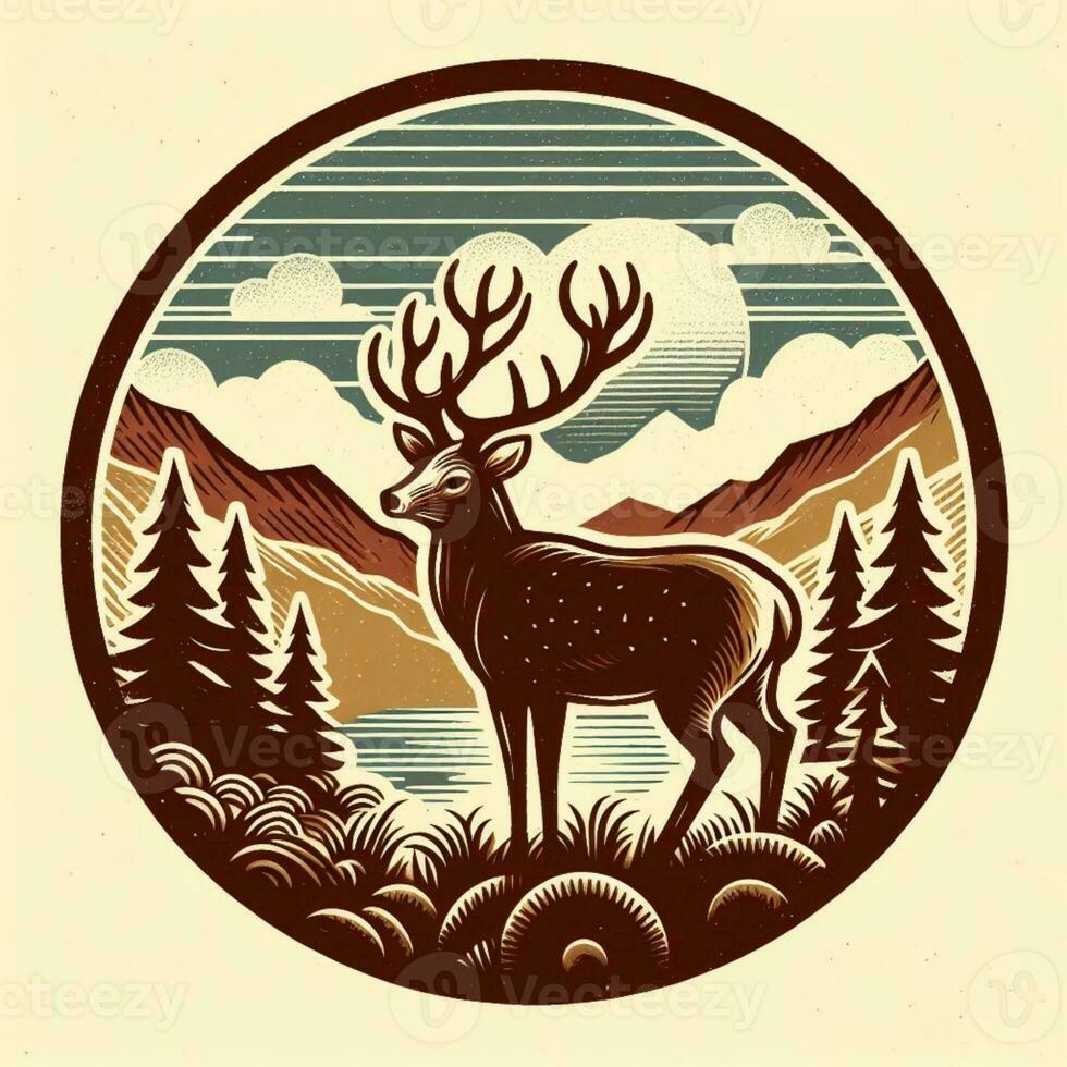 AI generated illustration of deer in nature. vintage emblem style. photo