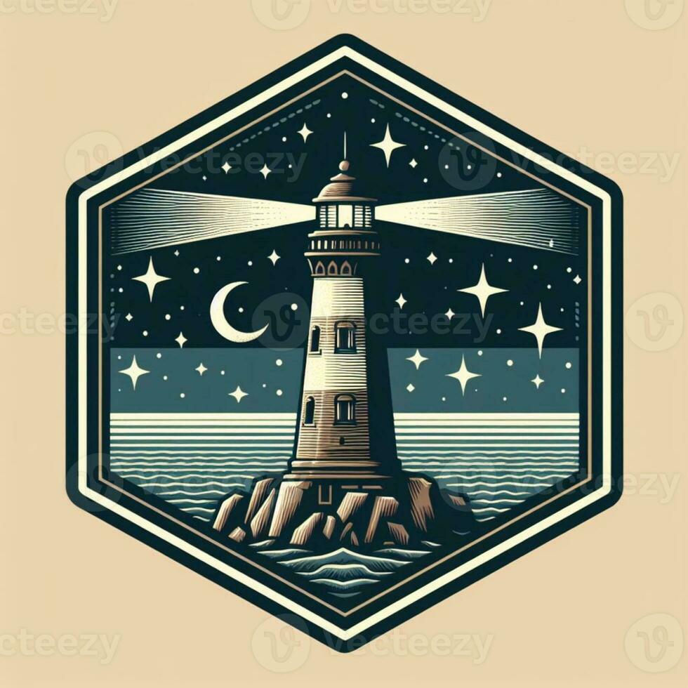 AI generated illustration of lightouse in night sea. vintage emblem style. photo