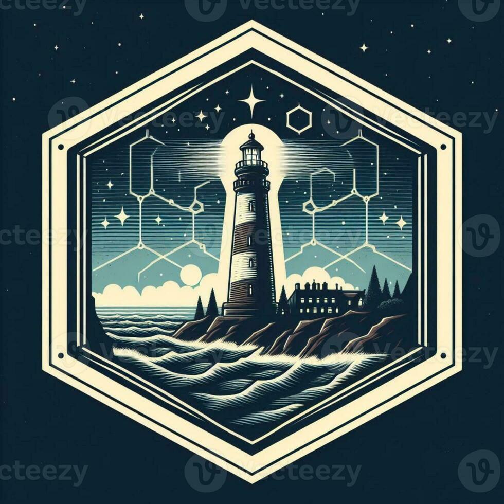 AI generated illustration of lightouse in night sea. vintage emblem style. photo