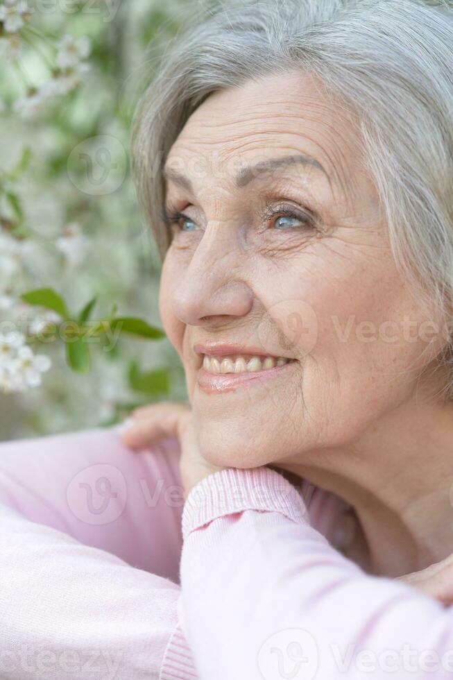 Closeup portrait of smiling elderly woman posing in summer park photo